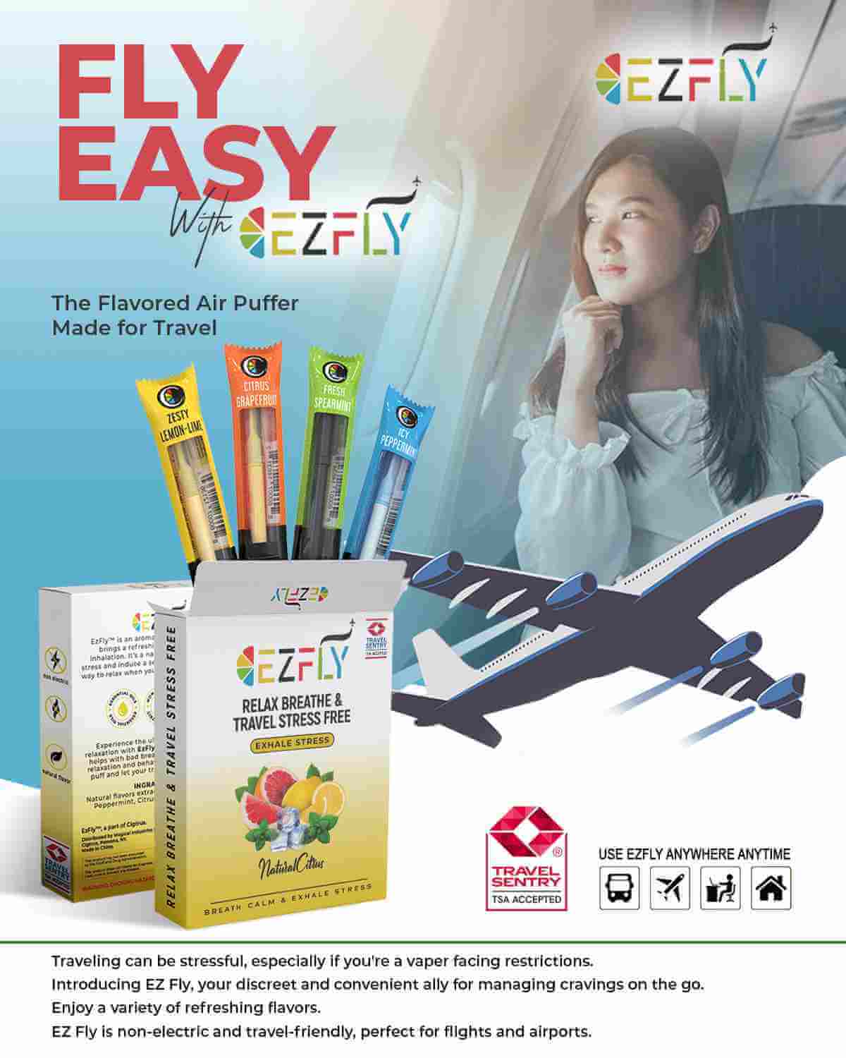 EZFly is your go to solution for smokers while flying! It offers a natural alternative to smoking and helps alleviate the urg