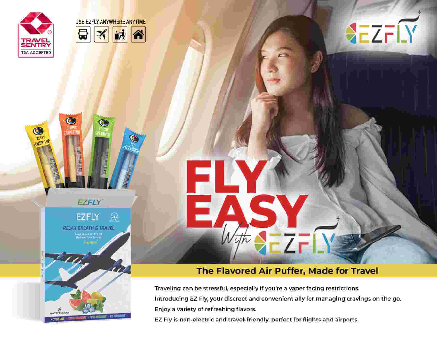 EZFly is your go to solution for smokers while flying! It offers a natural alternative to smoking and helps alleviate the urg