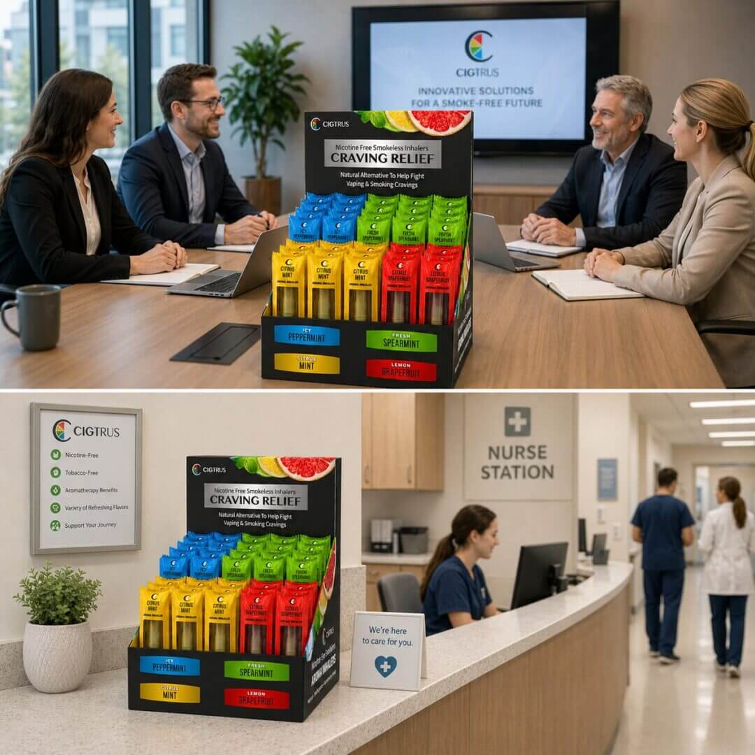 Cigtrus nicotine-free inhaler countertop display shown in two professional settings: on a conference room table during a business meeting and at a nurse station in a medical office reception area.