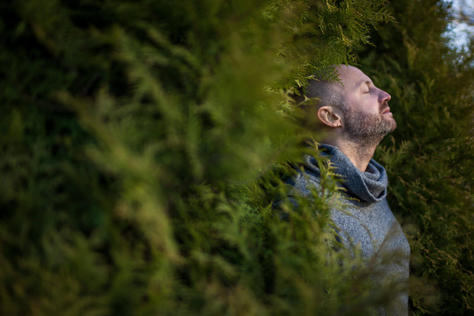 A bald man in a warm sweater is resting, leaning against the tre