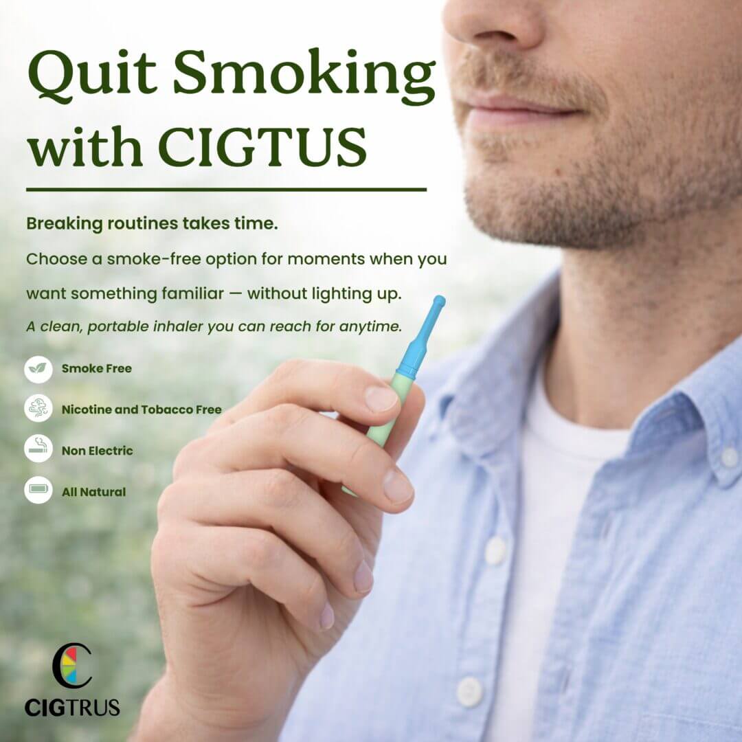 man using Cigtrus peppermint smokeless inhaler nicotine-free smoking alternative habit replacement