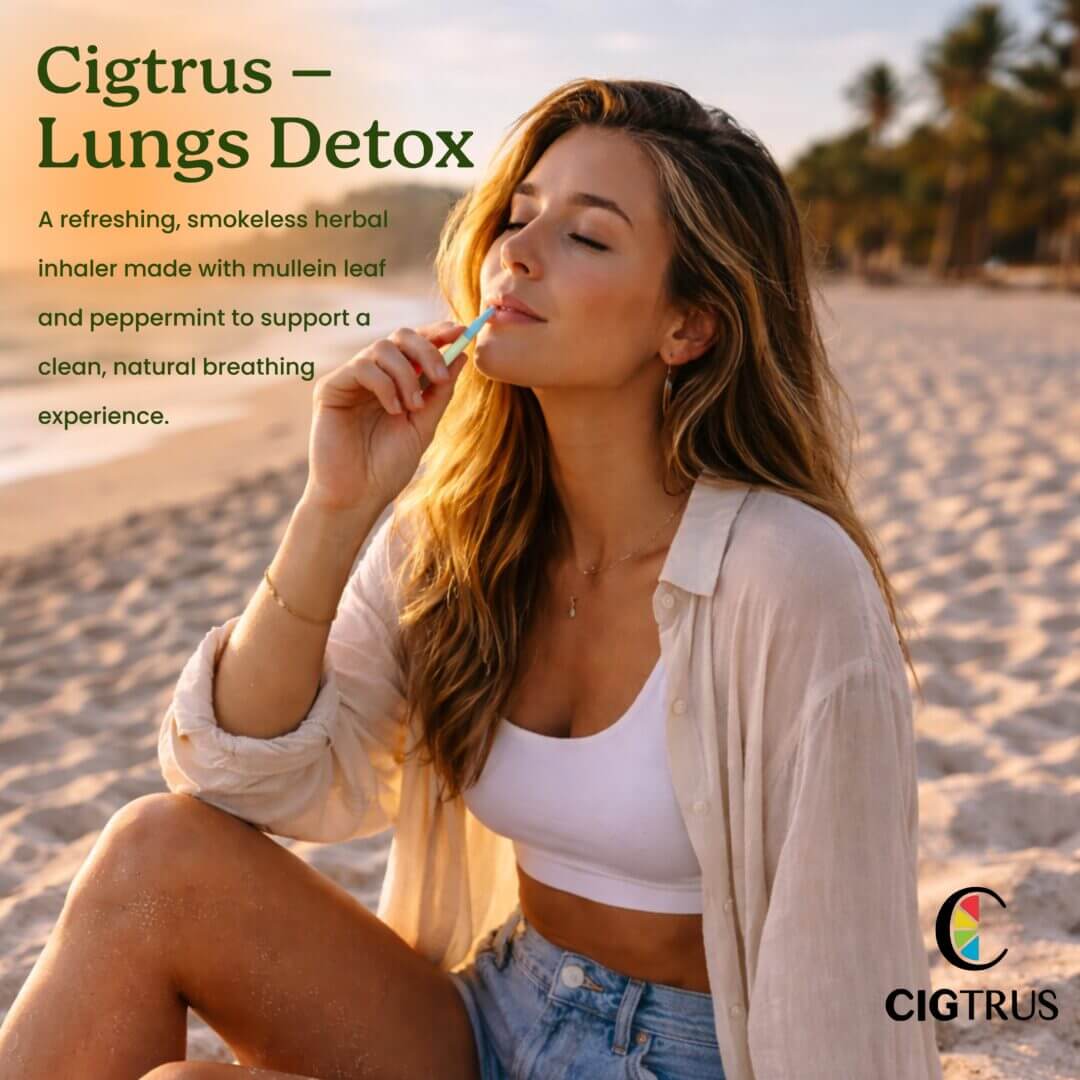 woman using peppermint mullein leaf inhaler smokeless herbal breathing alternative Cigtrus beach lifestyle