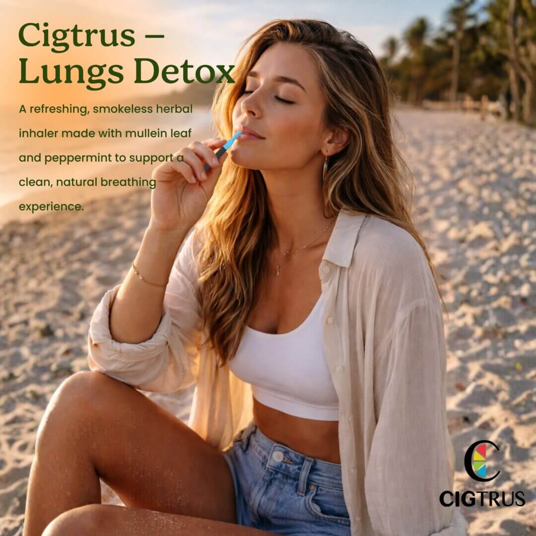 woman using mullein leaf inhaler smokeless herbal breathing alternative Cigtrus beach lifestyle