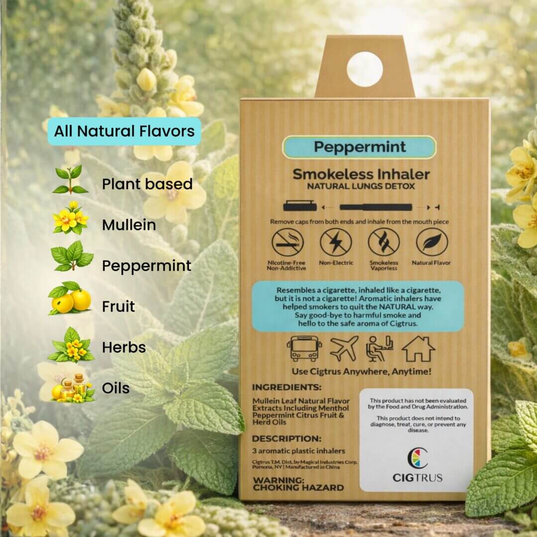 Cigtrus mullein leaf peppermint inhaler ingredients herbal oils smokeless nicotine-free inhaler packaging