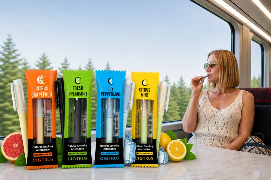 Cigtrus nicotine-free smokeless inhaler variety pack with lifestyle travel scene