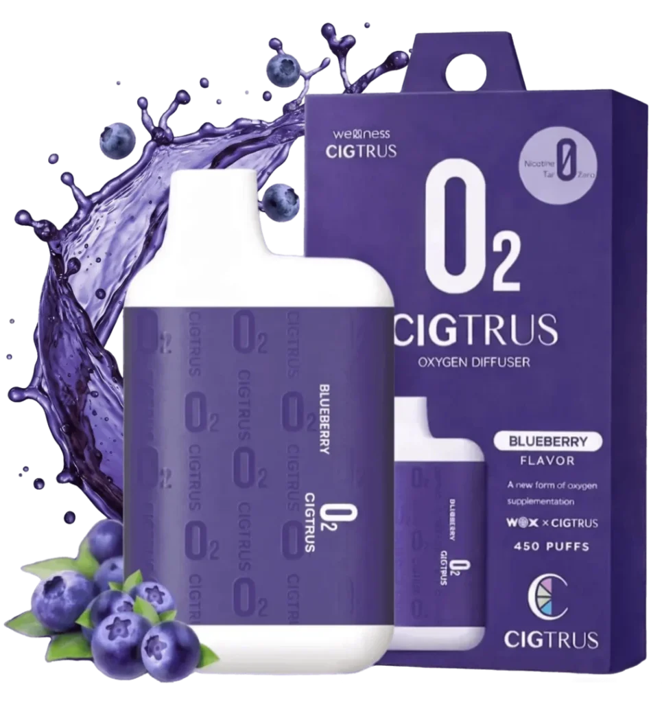 Cigtrus O₂ Oxygen Aroma Diffuser in Blueberry flavor with portable oxygen aroma devices and blueberry-inspired packaging