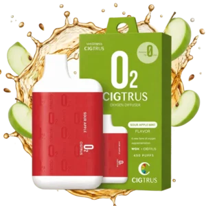 Cigtrus O₂ Oxygen Aroma Diffuser in Sour Apple Mint flavor with red and green devices and apple splash background