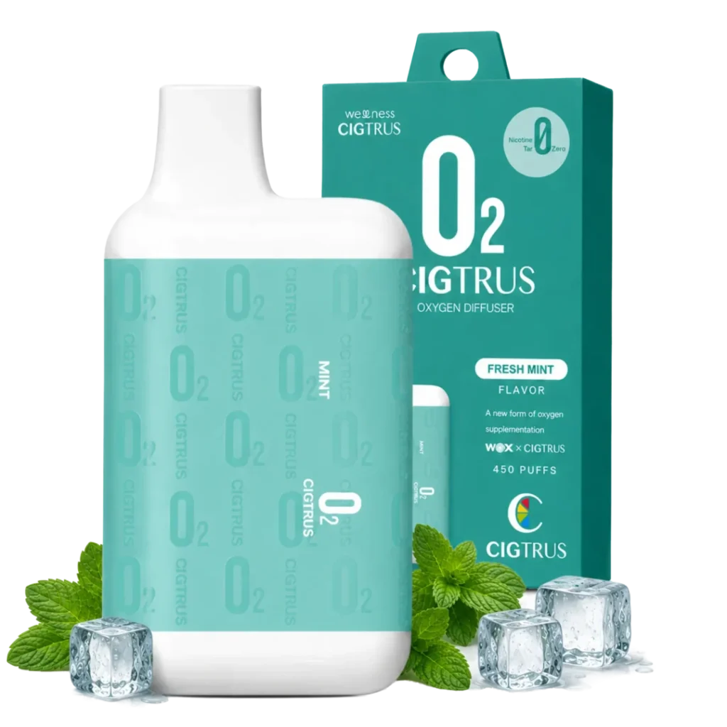 O2 by Cigtrus Fresh Mint portable oxygen diffuser with refreshing mint leaves and ice cubes.