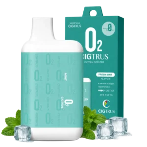 O2 by Cigtrus Fresh Mint portable oxygen diffuser with refreshing mint leaves and ice cubes.